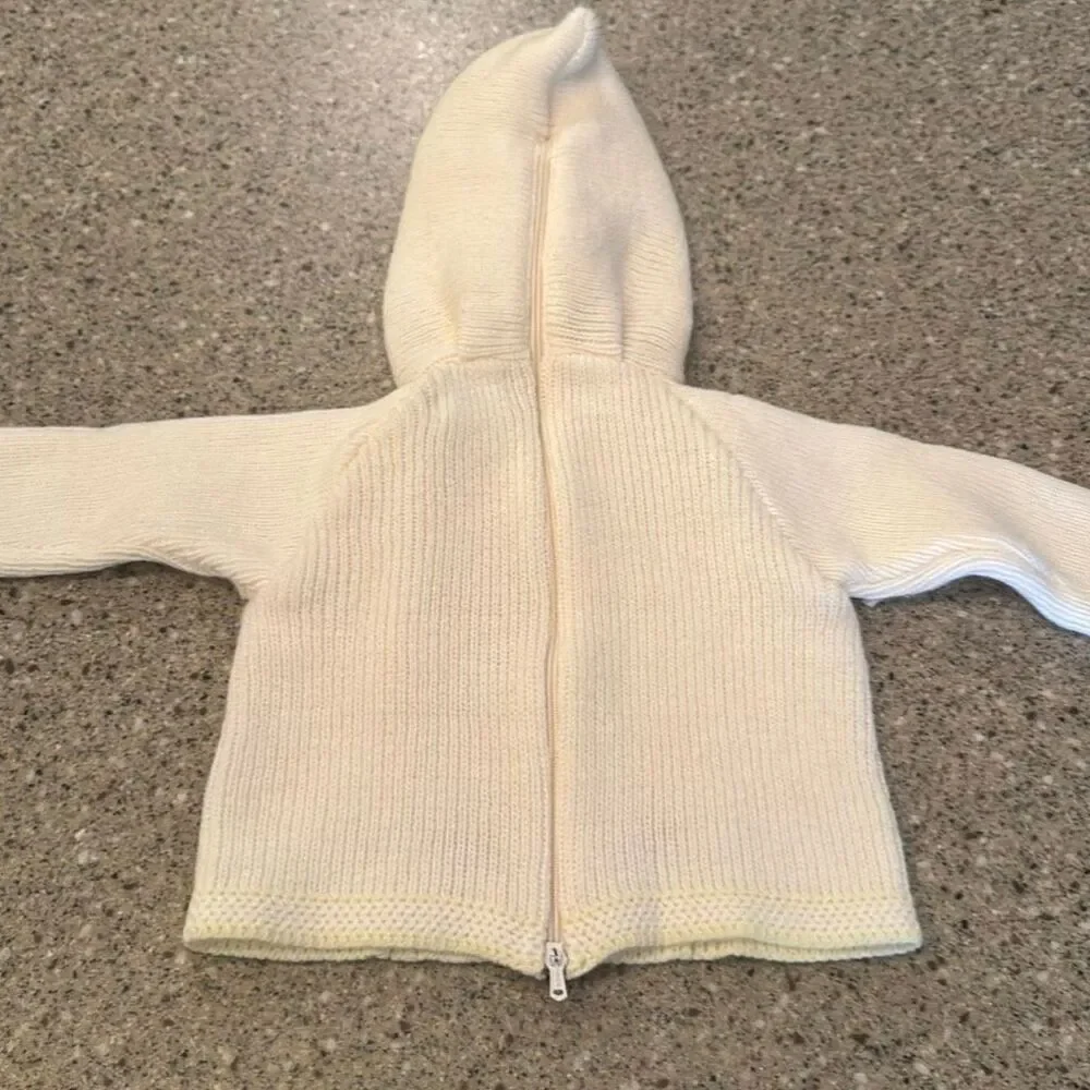 JULIUS BERGER Vintage Ivory Hooded Back Zip Cardigan Baby Sweater Car Train Embr